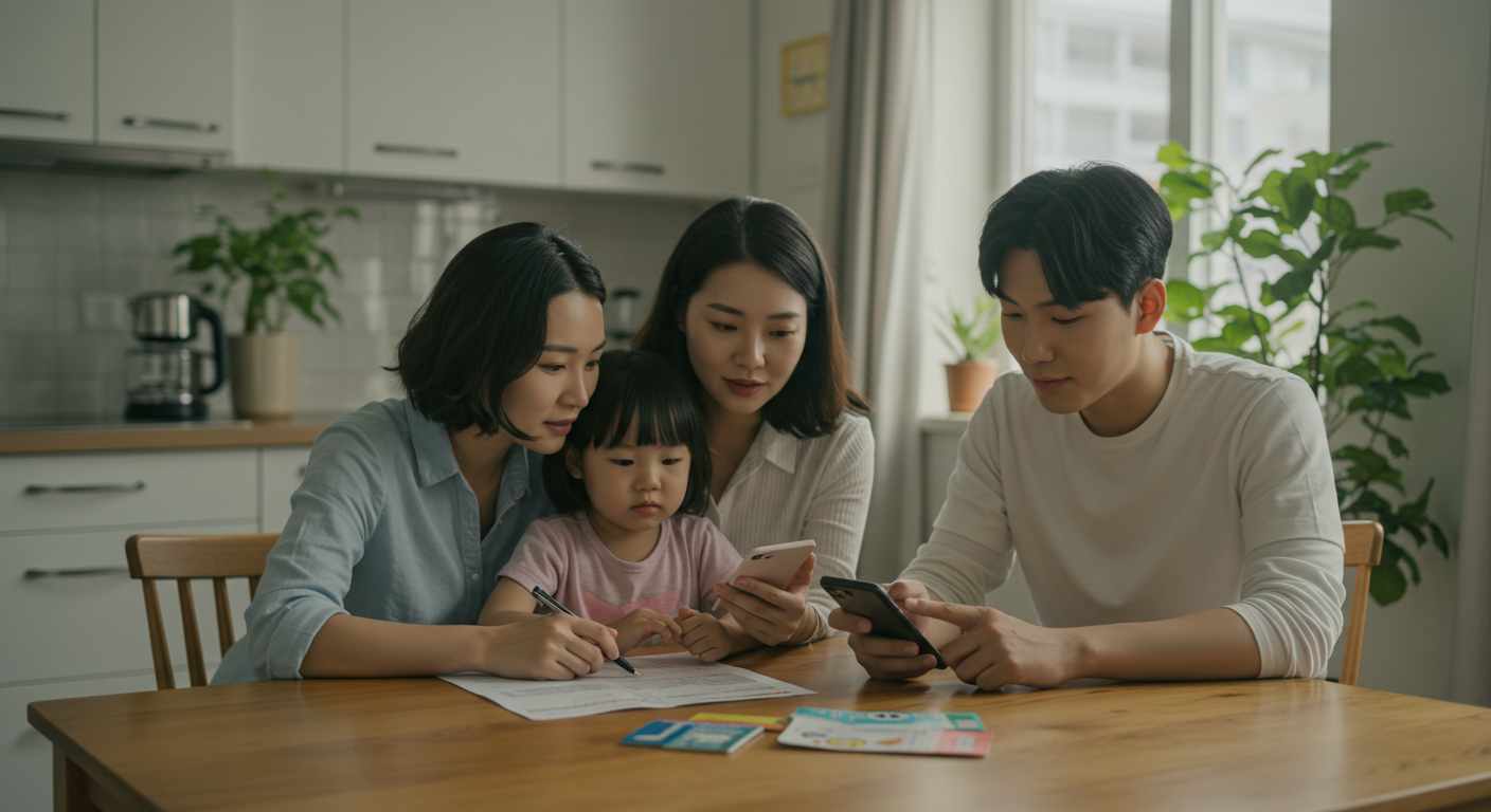 Asian family and youth planning household budget, symbolizing Korean government support benefits 2026 (아동수당&middot;청년적금&middot;교통패스)