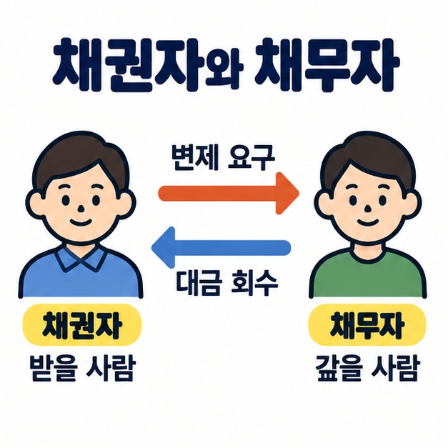 받을 사람인 채권자와 갚을 사람인 채무자 사이에서 변제 요구와 대금 회수의 방향을 보여 주는 그림