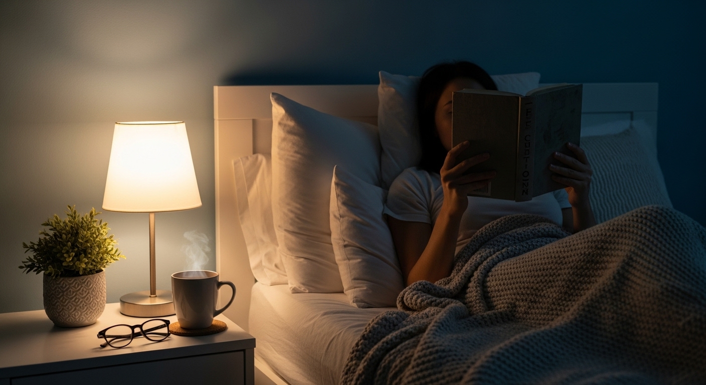 잠들기 전 따뜻한 조명 아래 책을 읽으며 휴식을 취하는 모습. 편안한 수면 환경 조성을 강조합니다.