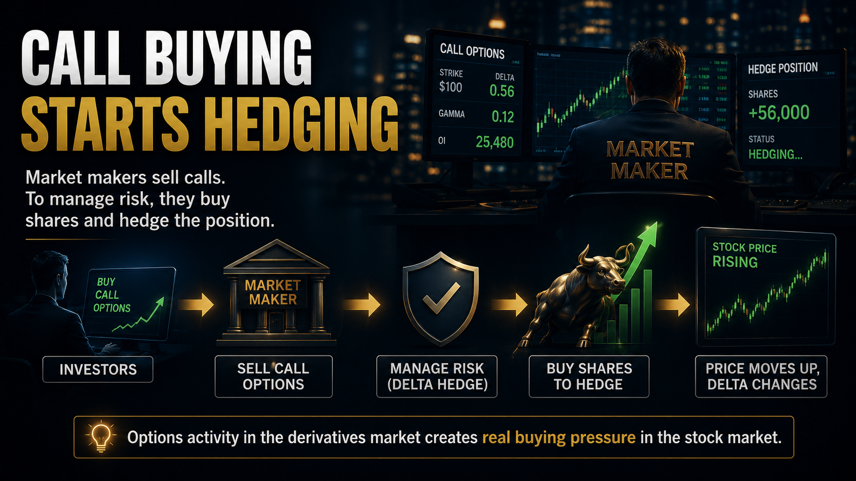 Diagram showing call-option buying leading to market maker hedging and stock purchases.