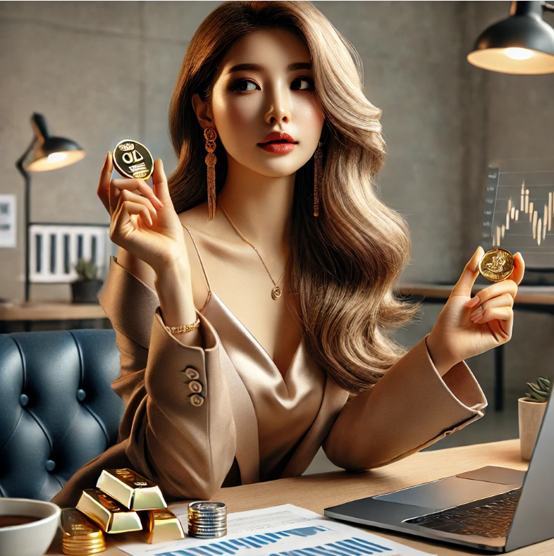 금,은,동 재테크 비교하는 30대 여성 이미지