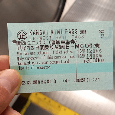 JR 간사이 미니 패스 티켓을 손에 들고 있는 모습