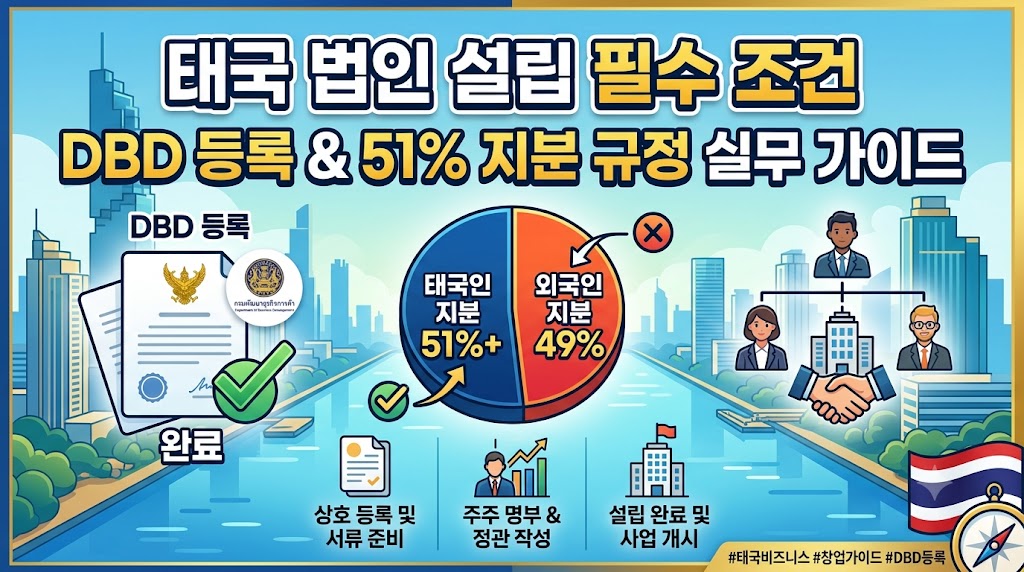'태국 법인 설립 필수 조건, DBD 등록 &amp; 51% 지분 규정 실무 가이드'라는 한글 제목이 크게 적힌 썸네일 이미지. 중앙에는 태국인 지분 51% 이상, 외국인 지분 49% 이하를 나타내는 원그래프가 있으며, 왼쪽에는 태국 이민국 로고가 있는 DBD 등록 완료 서류가 보입니다. 오른쪽에는 비즈니스 파트너들이 악수하는 일러스트가 있고, 하단에는 '상호 등록 및 서류 준비', '주주 명부 &amp; 정관 작성', '설립 완료 및 사업 개시'로 이어지는 3단계 절차가 방콕 도심 배경 위에 깔끔하게 정리되어 있습니다.