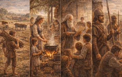 함께 살아가기 위해 각자 할 일을 나누고, 사람마다 맡은 역할이 자연스럽게 달라지던 모습을 담은 이미지입니다.