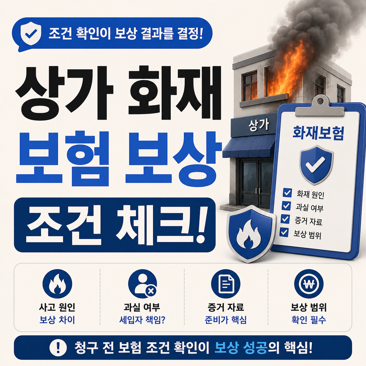 상가 화재 발생 후 보험 보상 조건 확인하는 이미지