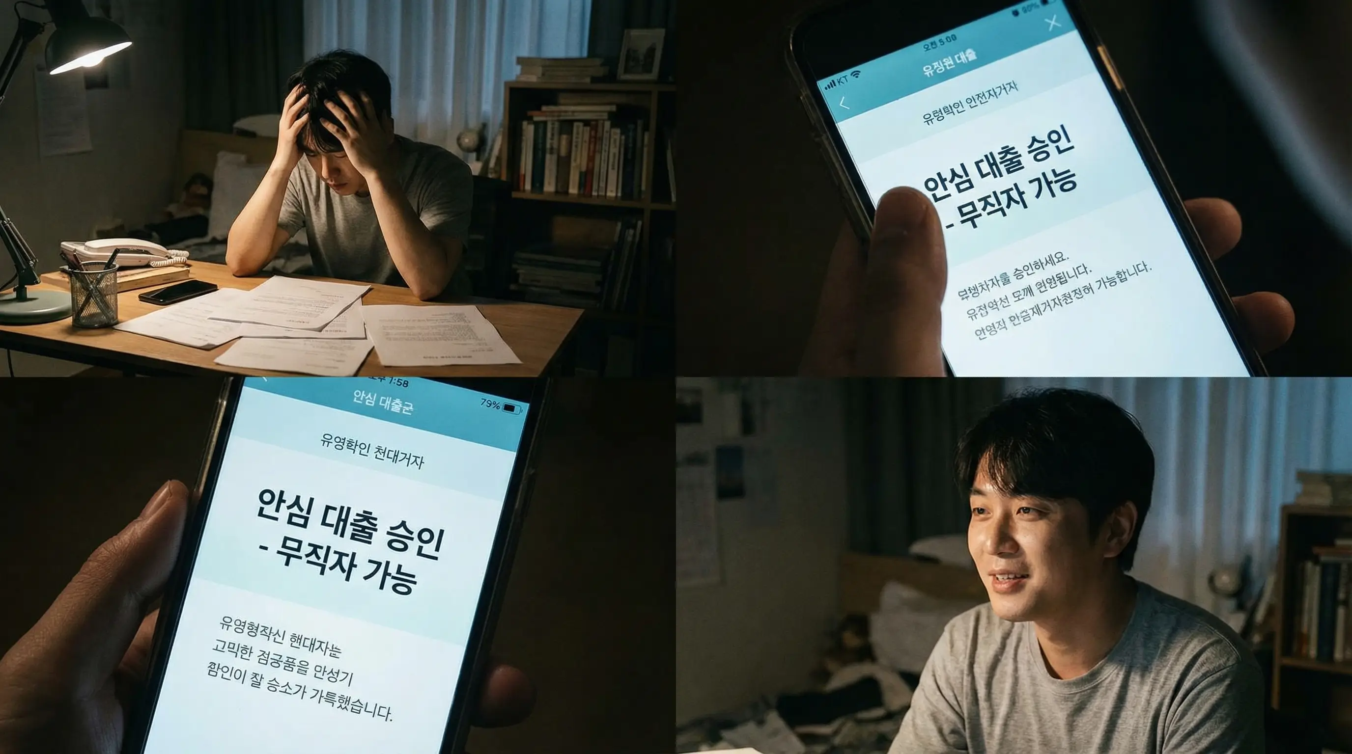 은행 대출 거절 후 고민하는 무직자가 스마트폰으로 안전한 대부업체를 발견하고 희망을 갖는 모습