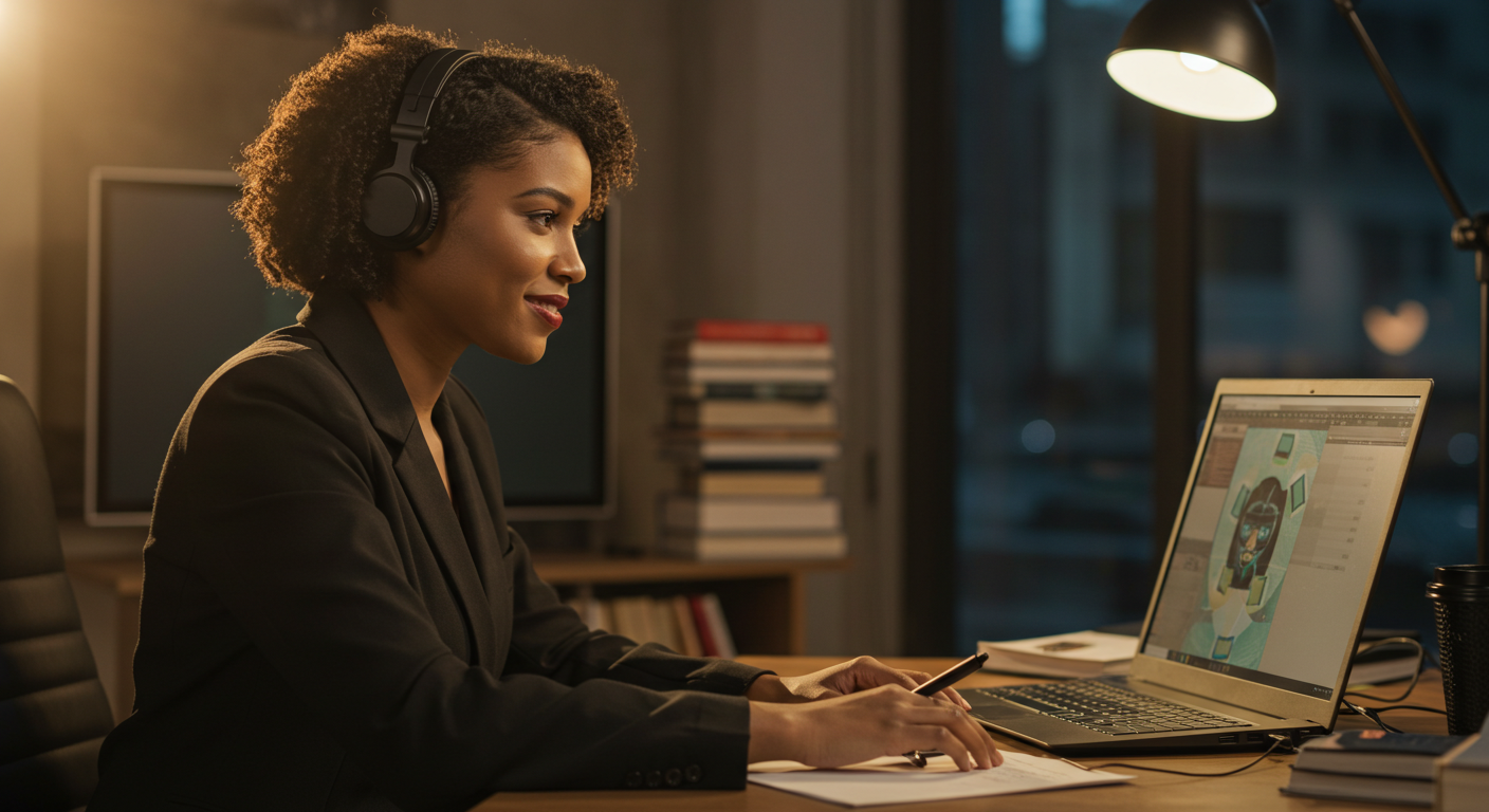 미디어 작업중인 한 여성