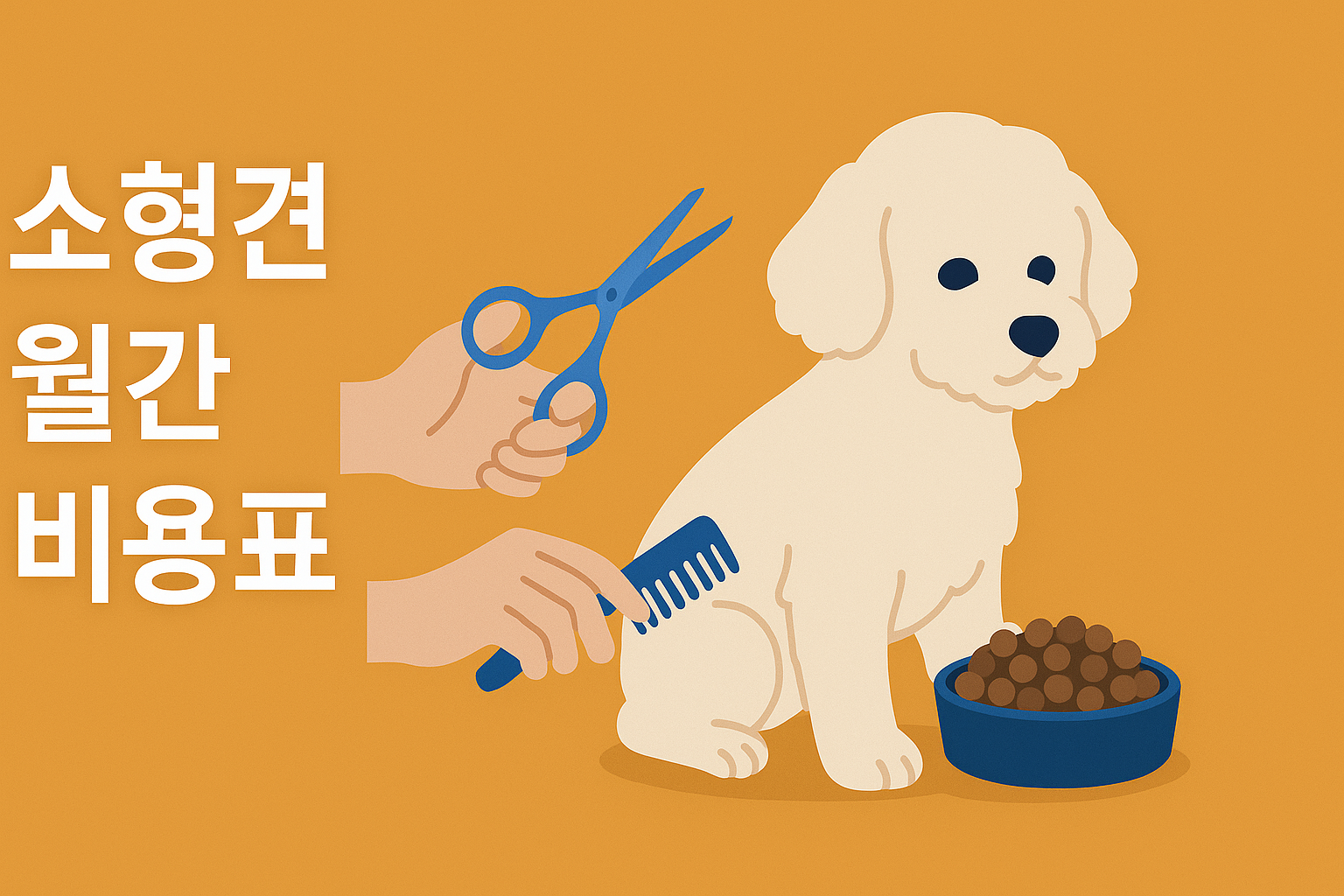 소형견 월간 비용표 요약 인포그래픽 (사료&middot;미용&middot;검진 구간별 예산)