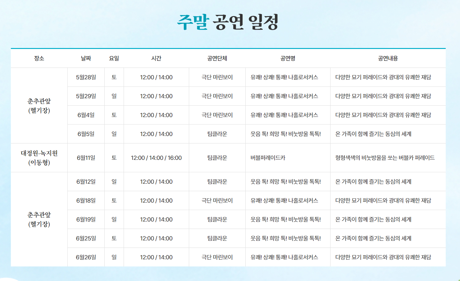 청와대 개방, 주말 공연 일정
