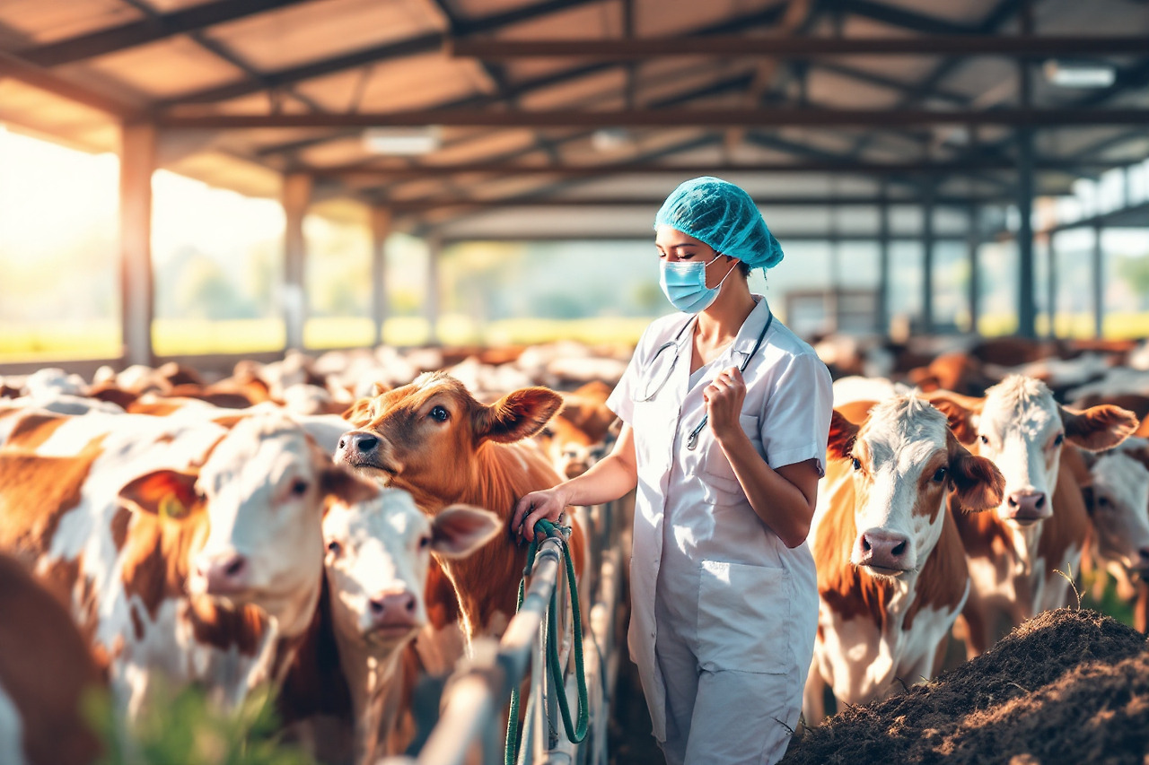 소들을 둘러보는 수의사