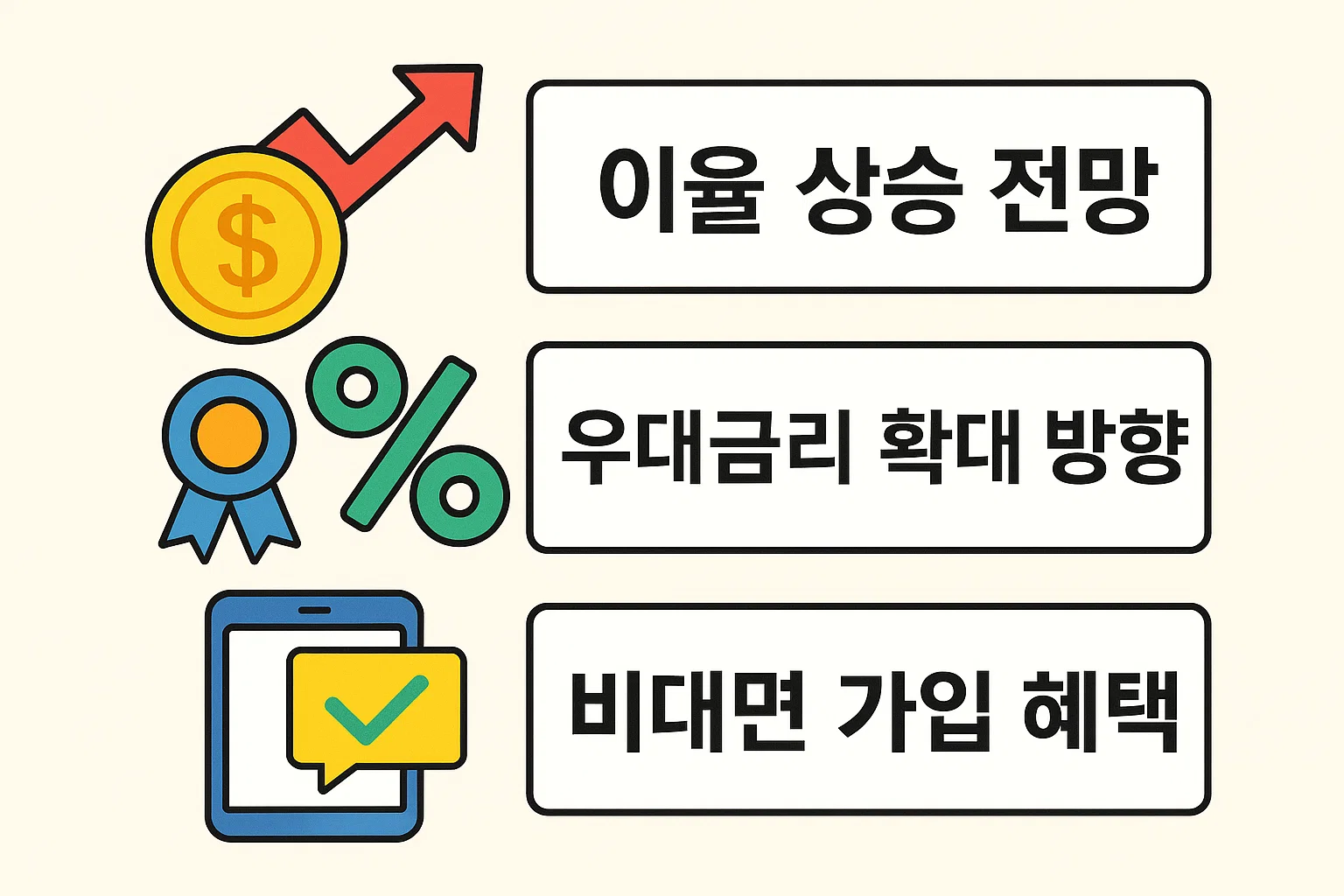 향후 금리 상승 전망, 우대금리 확대 정책, 비대면 가입 혜택 등 2025년 주요 트렌드 방향을 요약한 인포그래픽
