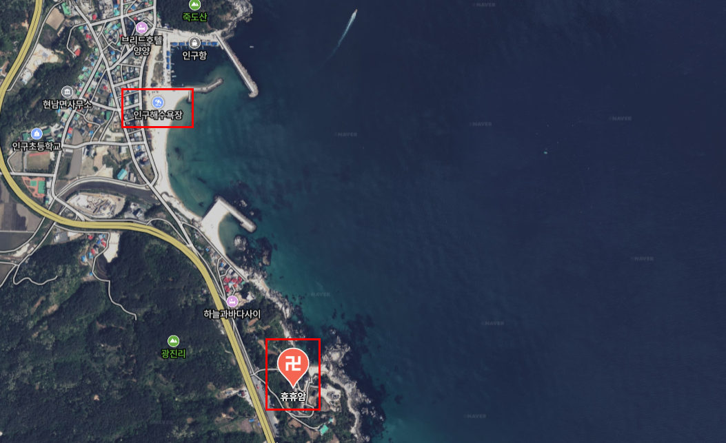 양양 인구해변 및 휴휴암 위성지도