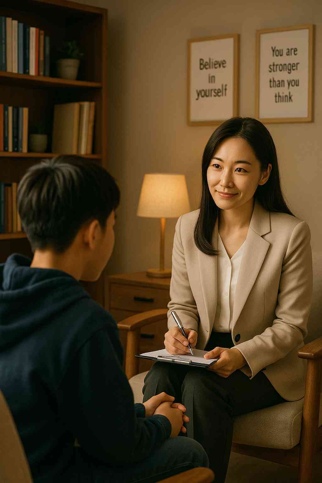 청소년상담사가 청소년을 상담하고 있는 모습