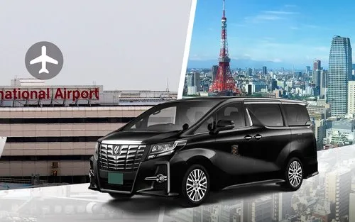 도쿄 하네다 공항 픽업 샌딩 서비스 도요타 알파드 밴 차량 및 도쿄 타워 배경