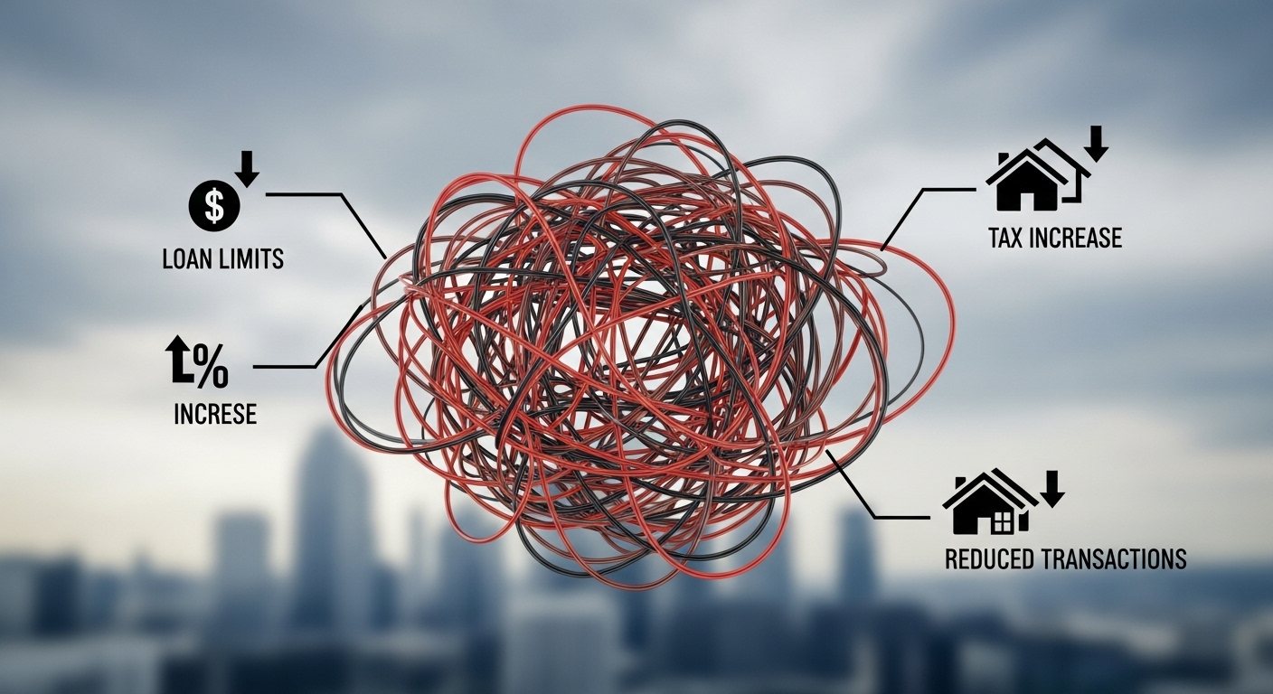 복잡한 정부 규제 선들이 대출, 세금, 거래량을 묶는 모습의 인포그래픽, 10.15 대책의 주요 내용을 시각화.