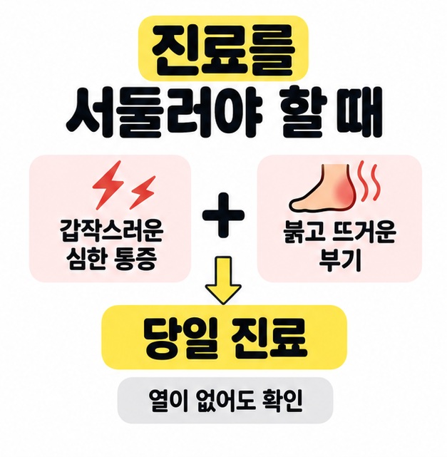 갑작스러운 심한 통증과 붉고 뜨거운 부기를 더하기 기호로 묶어 당일 진료로 연결하고 열이 없어도 확인이라고 안내한 이미지