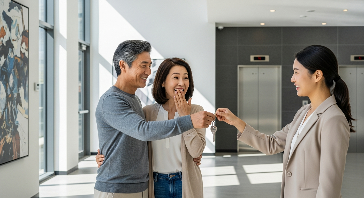 새 아파트 로비에서 50대 한국인 부부가 부동산 중개인에게 새 집 열쇠를 받으며 기뻐하는 모습으로, 생애최초 특별공급 당첨의 순간을 나타냅니다.
