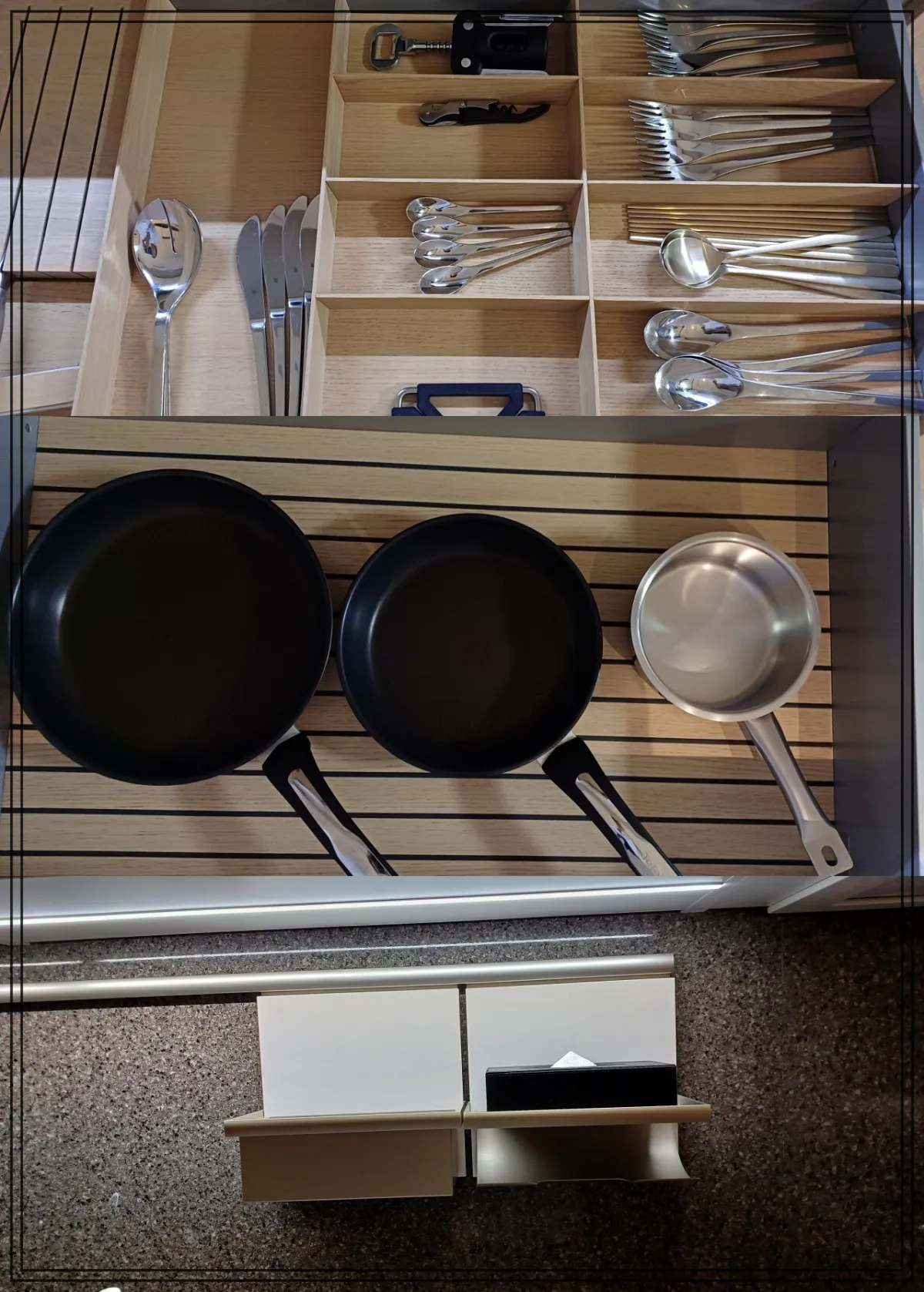 숟가락-젓가락-티스푼-포크-나이프-와인오프너-냄비-3개가-서랍장안에-들어있고-그아래-뽑아쓰는-키친타올이-있는-모습