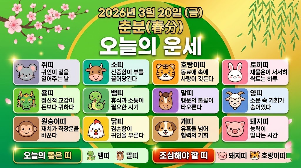 오늘 '이 띠'는 숨은 귀인을 만납니다! 뱀띠·말띠 주목! 재물, 사랑, 직장 운세 총 정리