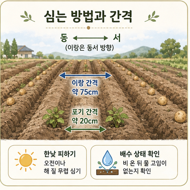 이랑 간격 약 75cm와 포기 간격 약 20cm, 배수 관리 방법을 보여주는 가을감자 밭 도해