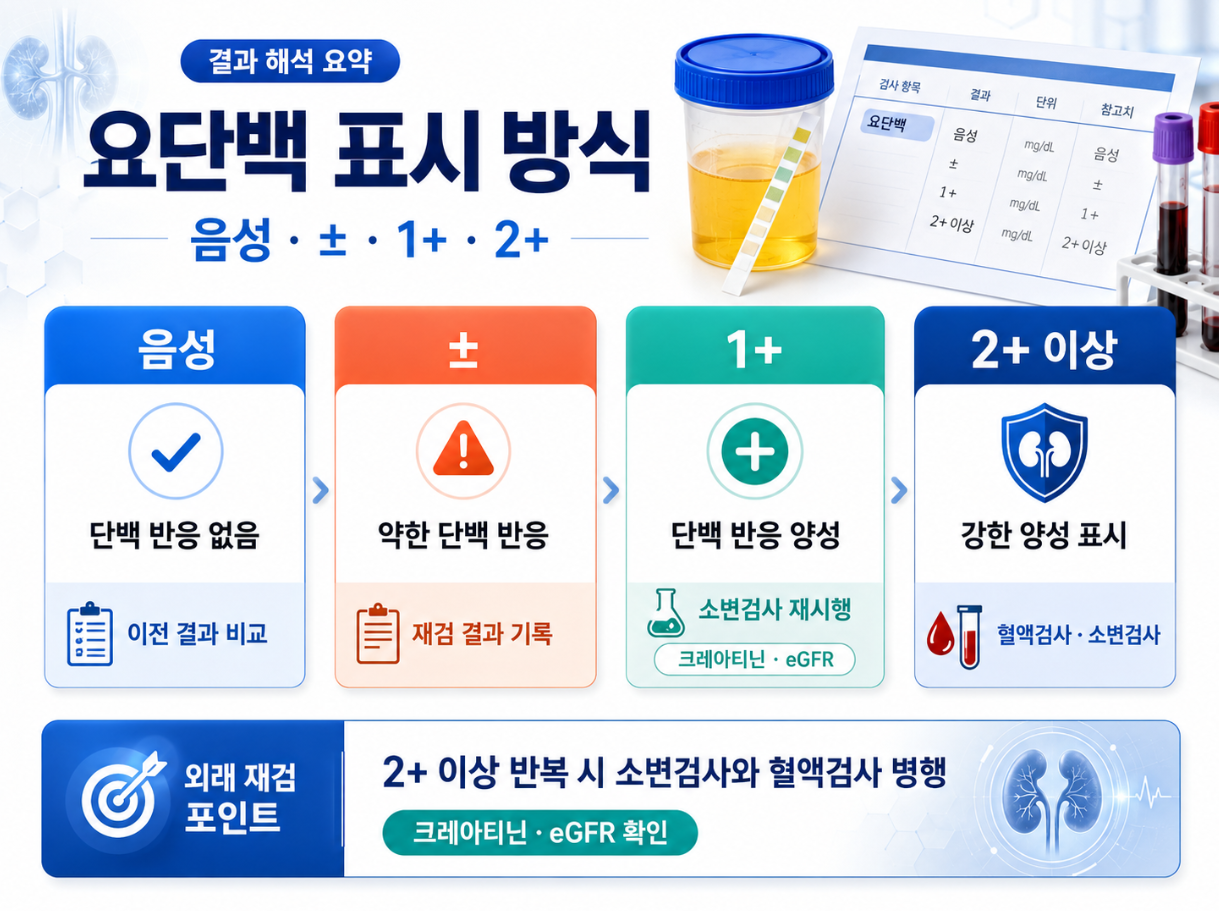 요단백 음성·±·1+·2+ 표시 방식과 소변검사 재시행, 크레아티닌·eGFR 확인 기준을 정리한 의료 인포그래픽