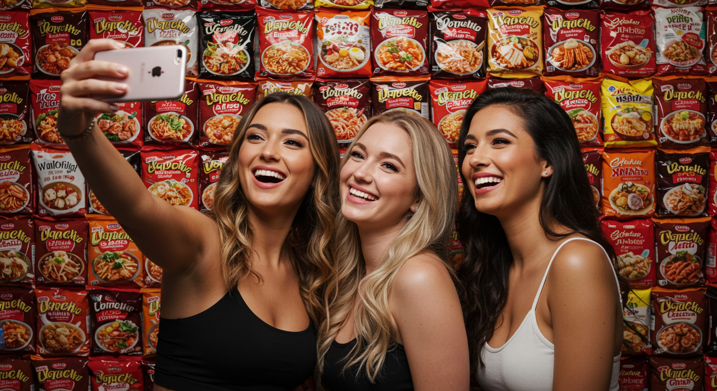 수백 개의 봉지라면으로 가득 찬 벽을 배경으로 사진을 찍는 사람들