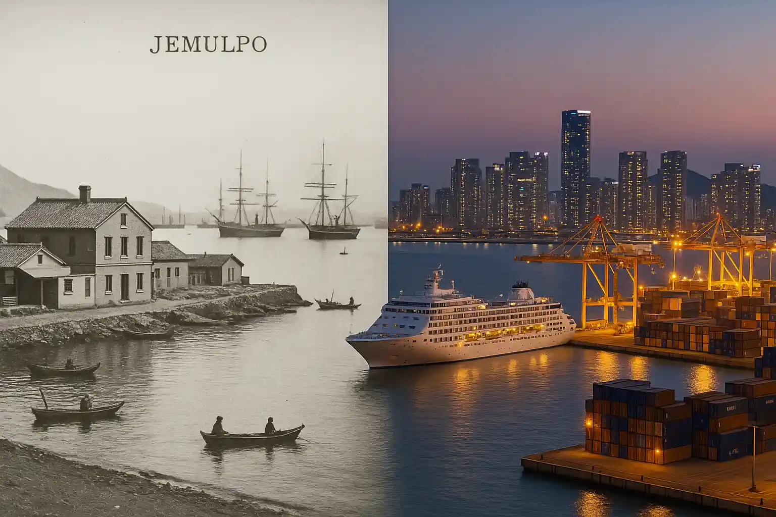 과거 흑백 제물포와 현대 인천항이 자연스럽게 이어진 전환 이미지