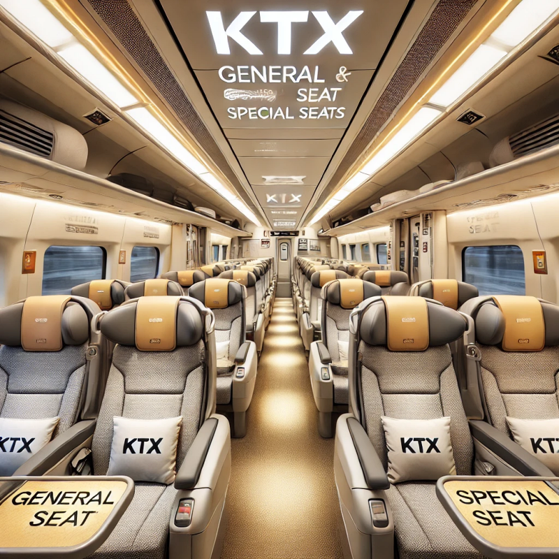 KTX 일반석과 특실의 내부 모습, 좌석 구성을 보여주는 이미지.