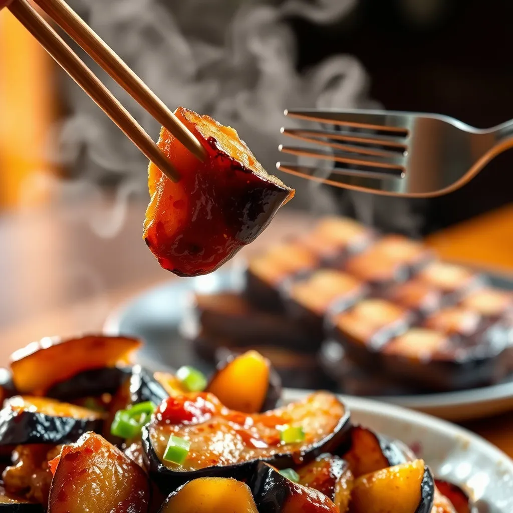 젓가락으로 가지볶음 한 점을 집어 올리거나, 가지 스테이크를 포크로 자르는 모습 등 실제로 요리를 즐기고 있는 역동적인 컷입니다. 요리의 풍미가 느껴지도록 집중된 연출을 합니다.