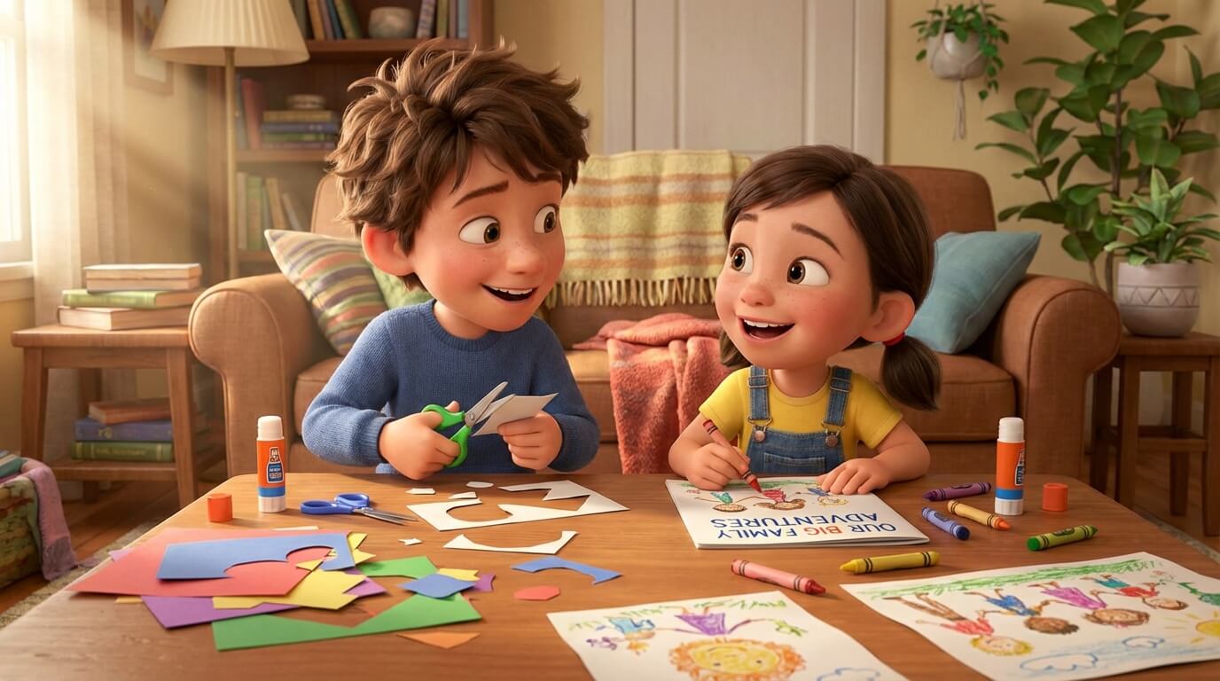 형제자매가 함께 가족 잡지를 만들며 글쓰기와 그림 그리기 활동을 하는 모습. 건강한 경쟁과 협력을 배우는 독후 활동 예시.