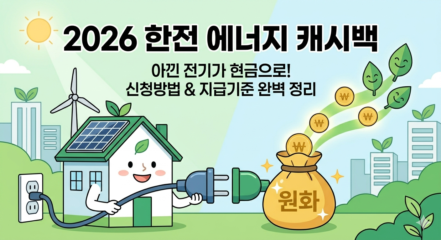 2026 한전 에너지 캐시백 신청 가이드 인포그래픽, 전기 절약시 현금 지급 안내, 주택용 전기 사용자 대상 에너지 절약 프로젝트