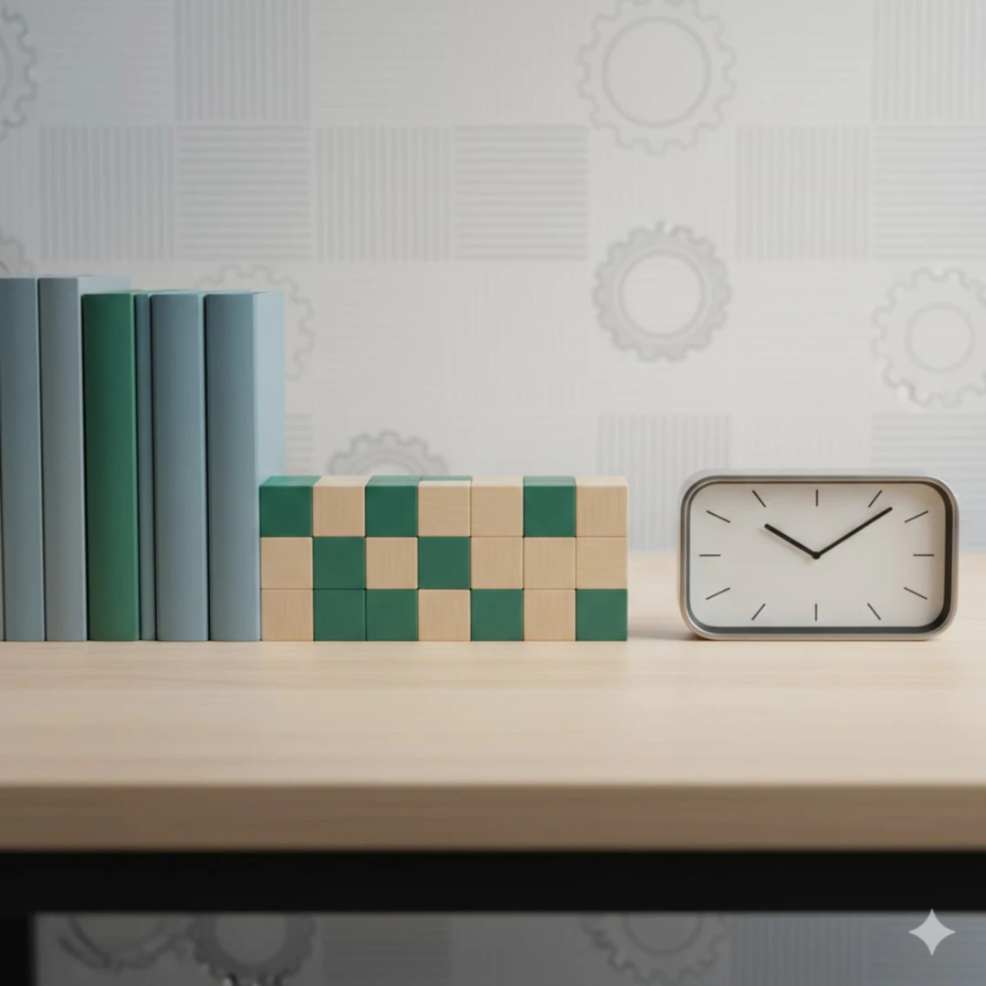 완벽하게 정돈된 책상 위 물건들이나&amp;#44; 일정한 간격으로 배열된 블록&amp;#44; 시계 바늘이 정확히 특정 시간을 가리키는 모습 등을 담습니다. 배경은 깨끗하고 간결하게 처리하며&amp;#44; 안정적인 파란색이나 녹색 계열의 색감을 사용하여 편안함과 안정감을 전달합니다. 규칙적인 패턴이 반복되는 배경 무늬를 추가할 수 있습니다. 