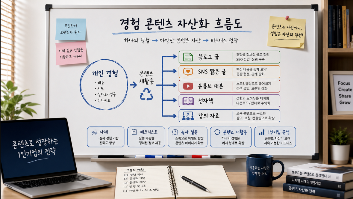 개인 경험이 블로그 SNS 유튜브 전자책 강의로 확장되는 콘텐츠 자산화 구조 이미지
