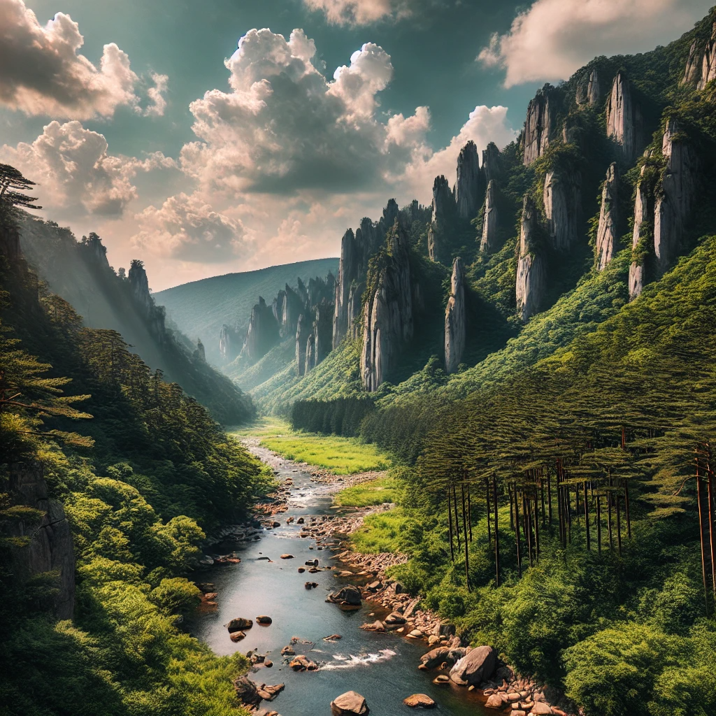 산과 계곡에 물이 흐르고 평화로워 보이는 풍경