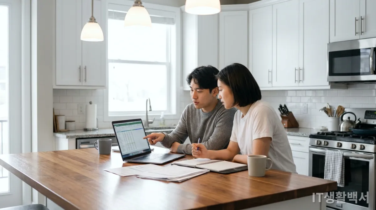 새로 꾸민 아파트 주방에서 노트북을 보며 대출 서류를 검토하는 젊은 한국 부부