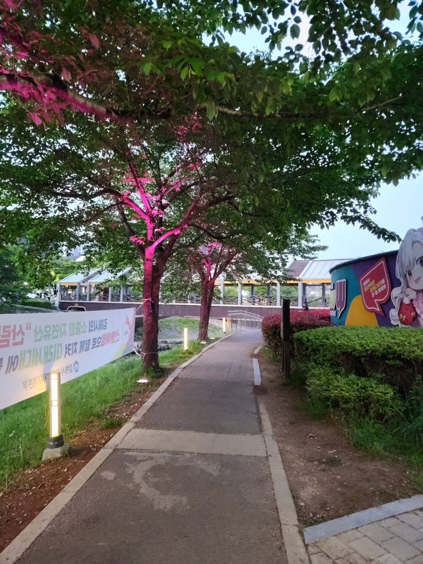 산책로를 따라 나무와 조명이 조성되어 있다.