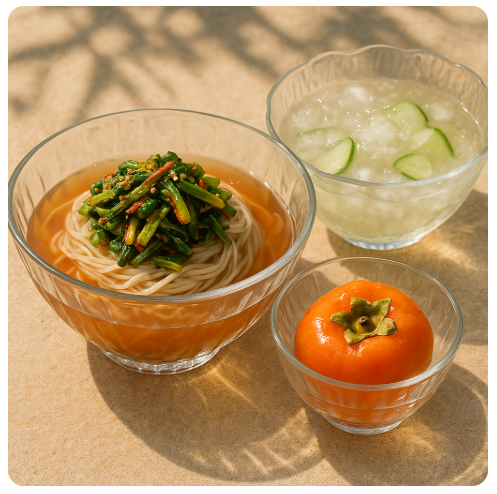 열무국수, 냉국, 홍시 사진