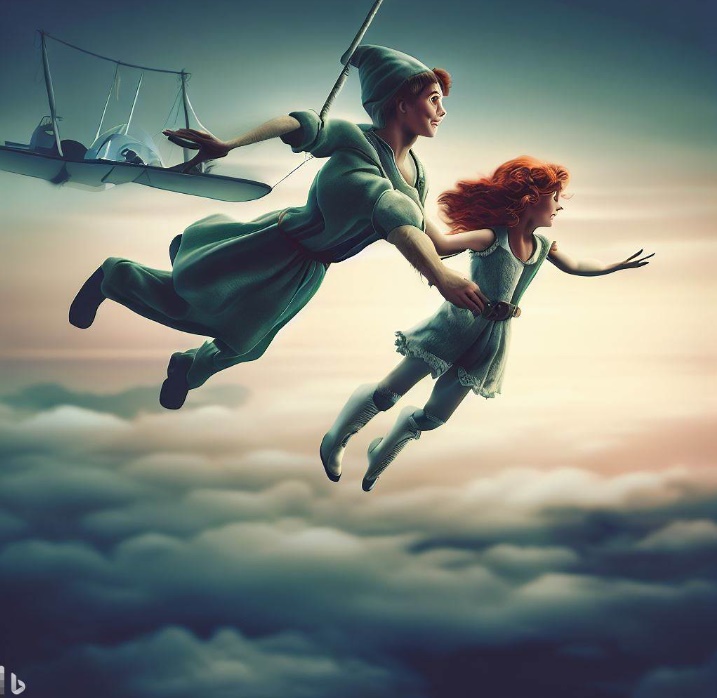 Peter Pan이 웬디와 날고있는 그림(made by Bing)