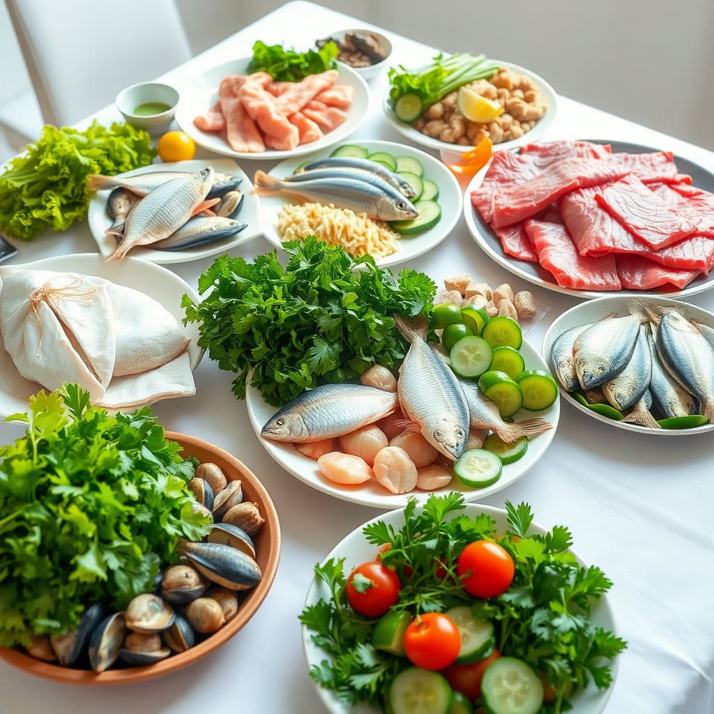 신선한 돼지고기, 복어, 다양한 바다 생선, 조개류, 푸른 잎채소, 오이, 미나리 등이 풍성하게 차려진 식탁의 모습입니다. 밝고 자연스러운 조명 아래, 음식들이 신선하고 먹음직스럽게 보이도록 연출합니다. 건강하고 맛있는 식사를 통해 체질을 관리하는 모습을 담습니다.