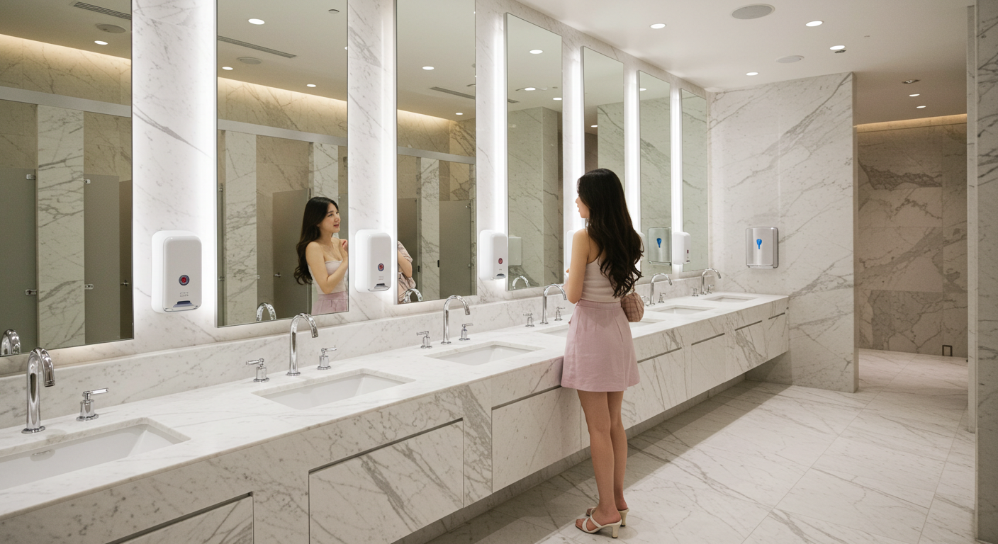 일본 쇼핑몰 화장실에서 거울을 보고 있는 귀여운 한국인 여성