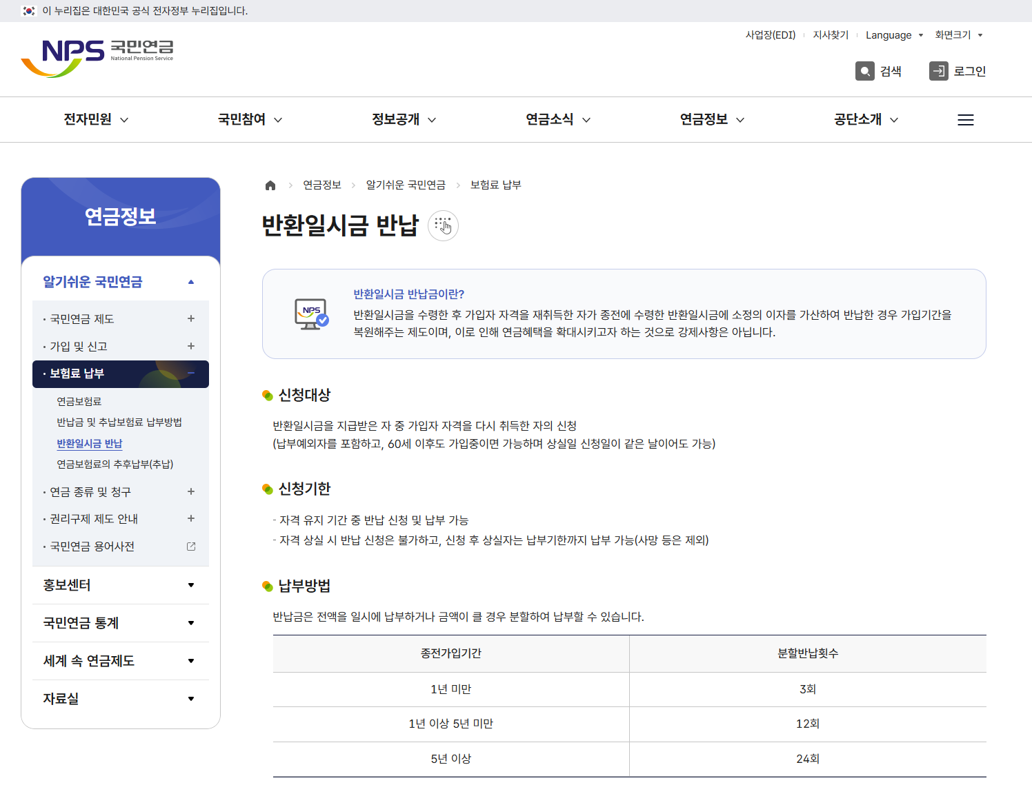 국민연금 반환일시금 반납 제도