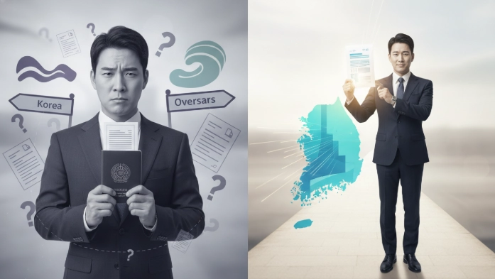 해외 거주자의 '거주자 판정' 중요성을 강조하며, 불확실한 상태와 명확해진 상태를 비교하는 이미지.