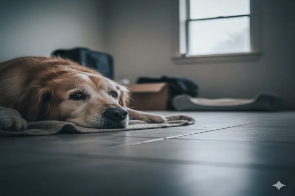 집 안의 마루 바닥에 쓸쓸히 엎드려 있는 나이 든 골든 리트리버. 지쳐 보이는 표정으로 창밖을 응시하고 있으며, 주변에는 텅 빈 개집과 박스가 놓여 있다.