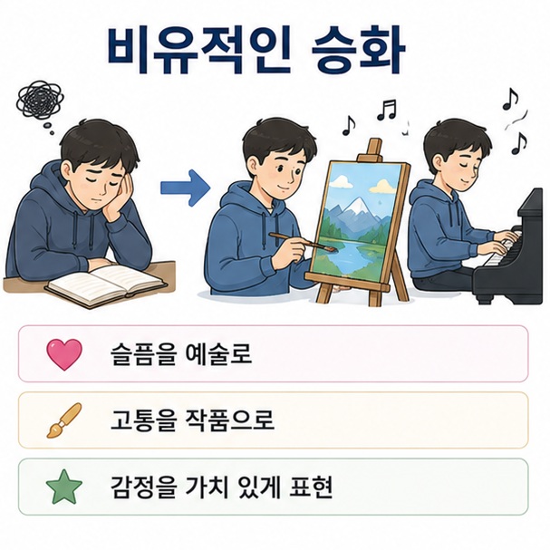 슬픔이나 고통 같은 감정을 예술과 가치 있는 활동으로 바꾸는 비유적인 승화의 의미를 표현한 이미지