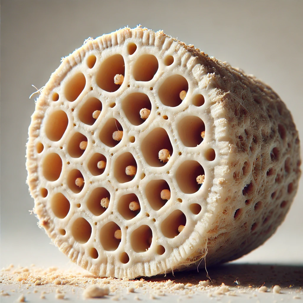 연근의 단면을 극사실적으로 표현한 이미지, 구멍이 뚫린 연근의 질감이 선명하게 보임.