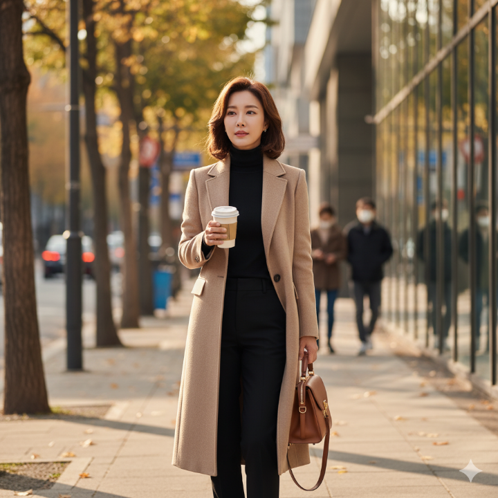 베이지색 테일러드 롱 코트를 입고 커피를 들고 있는 40대 여성