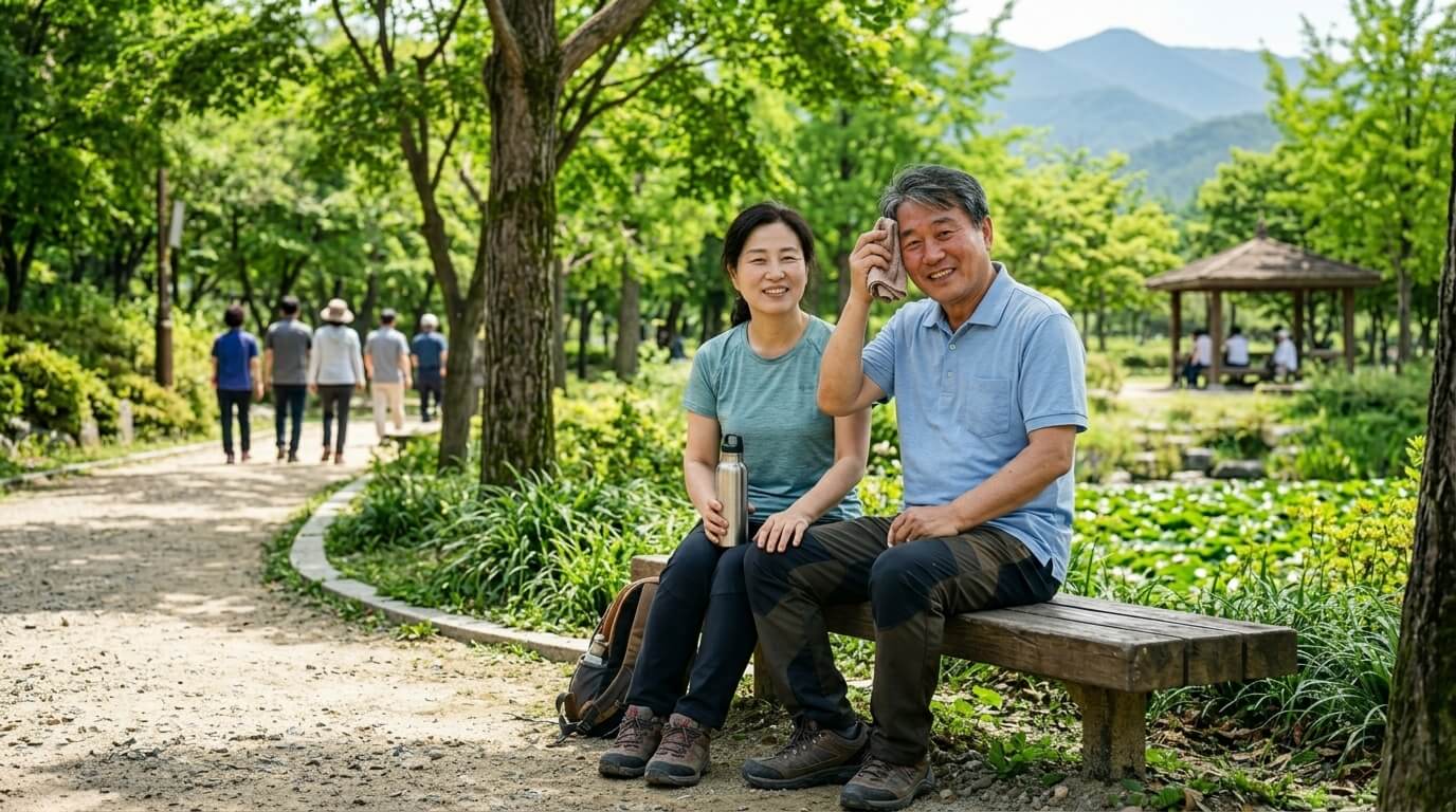 산책 후 체력 저하를 느끼는 중년 부부