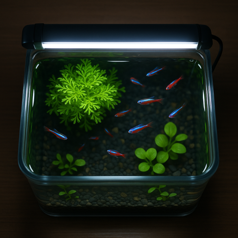 LED 조명 켜진 어항 상단 뷰 이미지