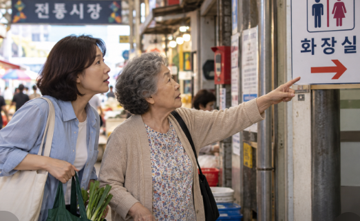 전통시장에 도착해 화장실 위치를 확인하는 고령의 엄마와 중년 딸
