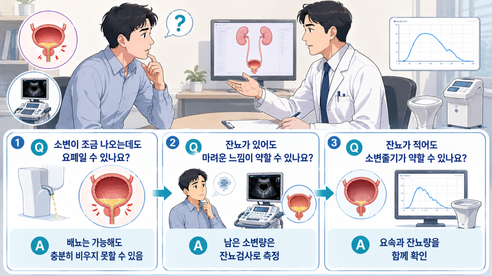 소변이 조금 나오는 요폐와 잔뇨감&middot;잔뇨량&middot;요속검사에 관한 배뇨곤란 Q&amp;A